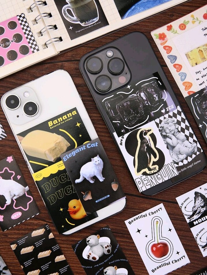 siyah sevimli komik hayvan sticker seti kitabı scrapbook journal - Görsel 5