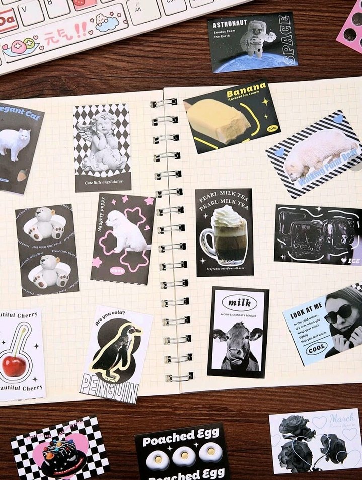 siyah sevimli komik hayvan sticker seti kitabı scrapbook journal - Görsel 4