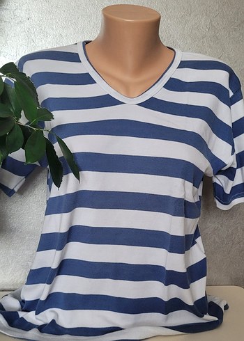 Mavi Beyaz Çizgili Hamile V Yaka Tişört - Görsel 4