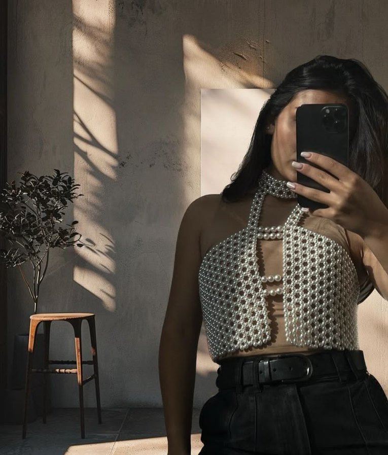 İnci İşlemeli Beyaz Bohem Yüksek Yakalı Büstiyer - Görsel 3