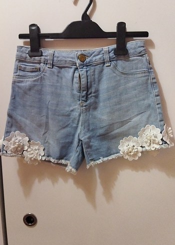 Nakışlı Dantel Detaylı Mavi Denim Şort