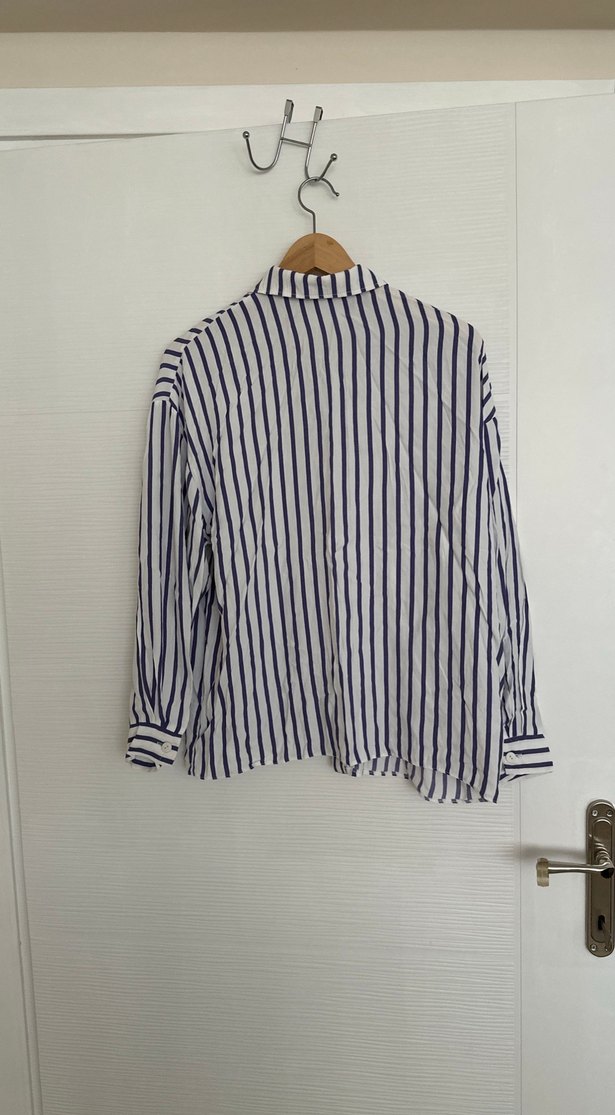 Düğmeli Çizgili Uzun Kollu Keten Gömlek - Görsel 2