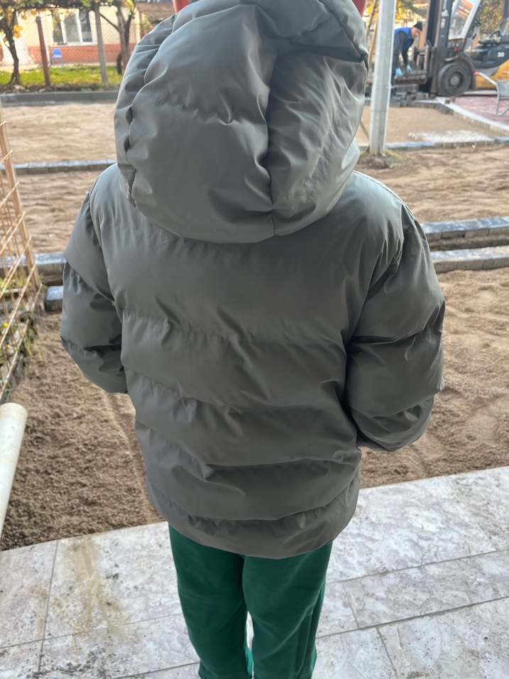 Gri Erkek Çocuk Puff Mont Kapüşonlu - Görsel 2