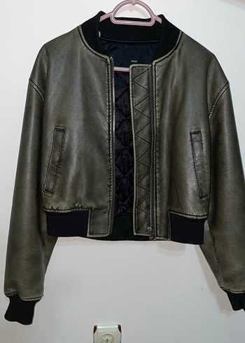 Mango Haki Deri Bomber Ceket