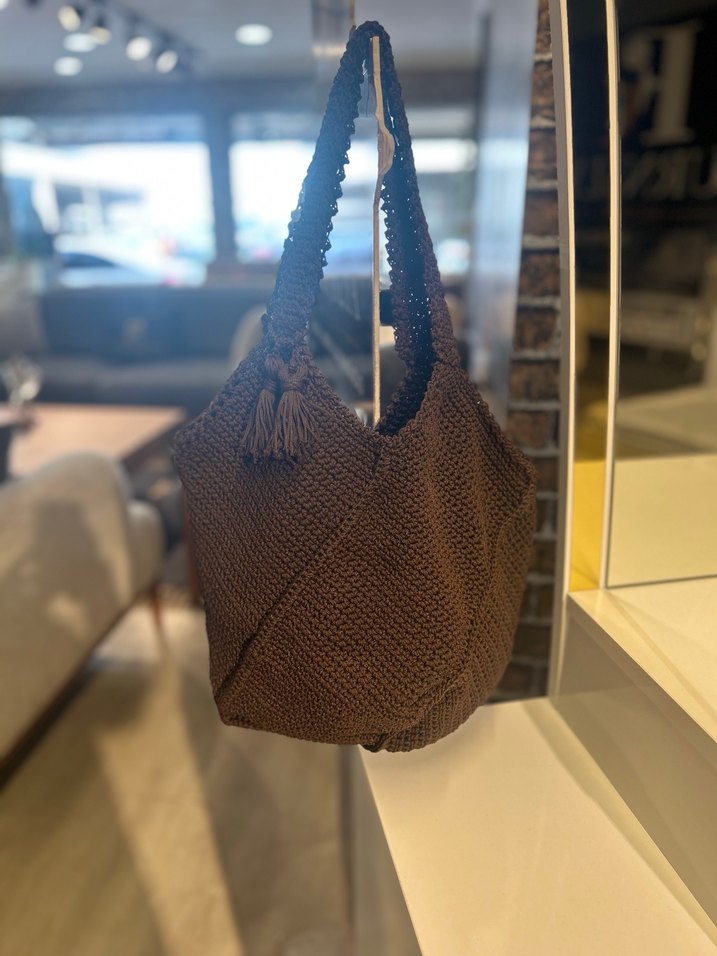 Kahverengi Örgü Bohem Kadın Çanta el örgüsü - Görsel 2
