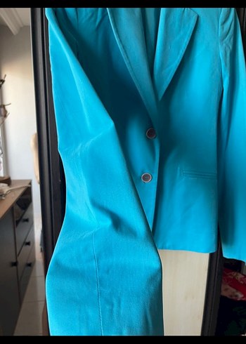 s Beden turkuaz Renk Düğmeli Turkuaz Süet Kadın Blazer Ceket