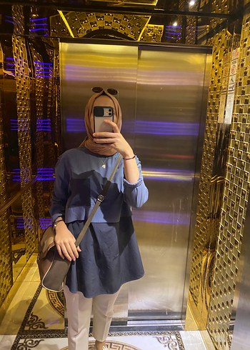 Bağlama Desenli mavi Denim Tunik