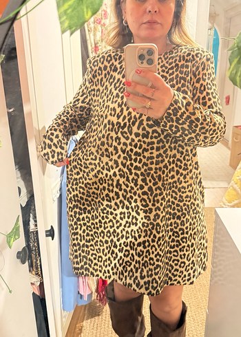 Leopar Desenli Kahverengi  Midi Elbise - Görsel 2