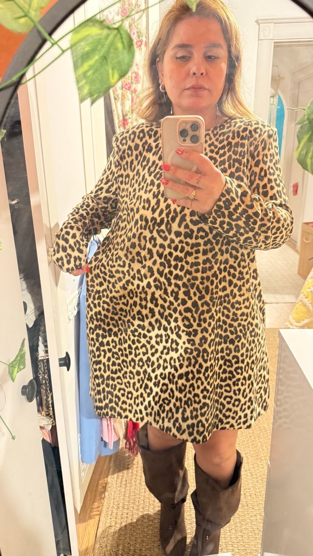 Leopar Desenli Kahverengi  Midi Elbise - Görsel 2