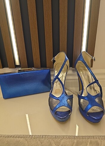 Saks Mavi Topuklu Çanta Set 