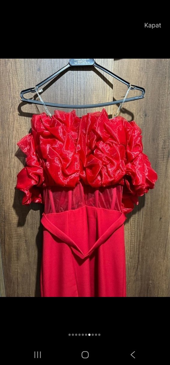 Uzun Kırmızı Drapeli Straplez Kadın Abiye - Görsel 5