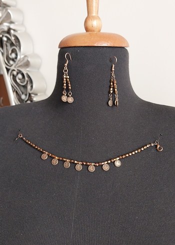 Beden camel Renk Boncuklu Bakır Renk Minimalist Bohem bileklik ve küpe takım.