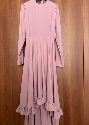 Pembe Volanlı Uzun Kadın Elbise