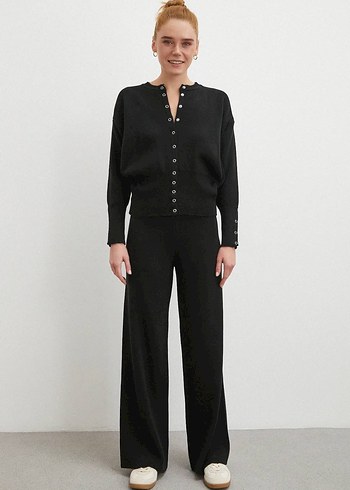 Düğmeli Siyah Kadın Triko Eşofman Takımı - Görsel 2