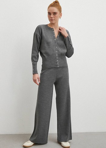 Düğmeli Gri Kadın Triko Eşofman Takım - Görsel 3