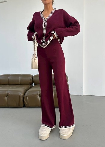 Düğmeli Çizgili V Yaka Bordo Kadın Triko Takım - Görsel 3