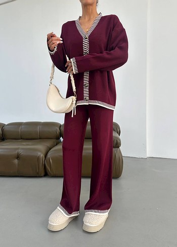 Düğmeli Çizgili V Yaka Bordo Kadın Triko Takım - Görsel 2