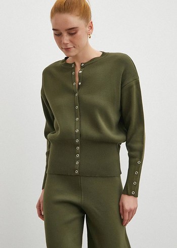 Düğmeli Haki Kadın Triko Eşofman Takımı - Görsel 2