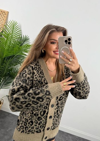 Kahverengi Leopar Desenli Kadın Hırka - Görsel 2