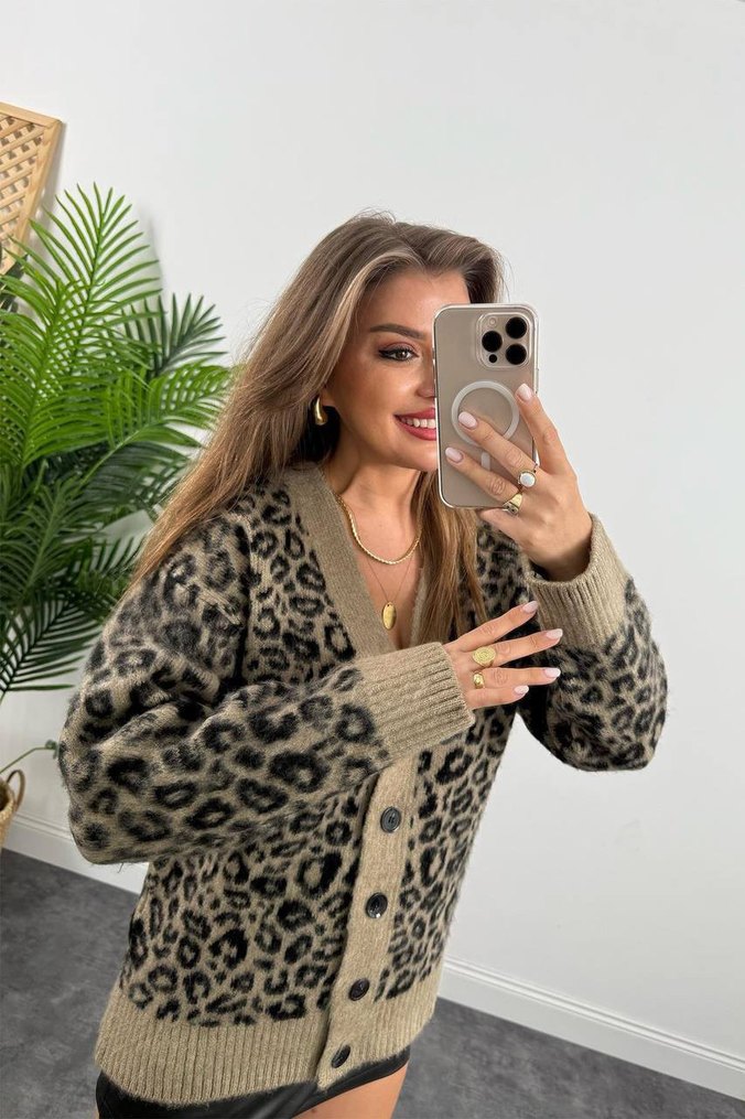Kahverengi Leopar Desenli Kadın Hırka - Görsel 2