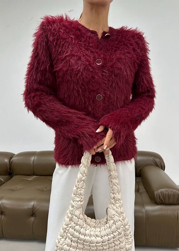 Bordo Tüylü Kadın Triko Kazak - Görsel 3