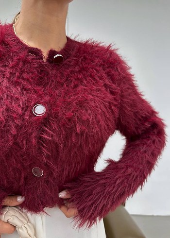 Bordo Tüylü Kadın Triko Kazak - Görsel 2