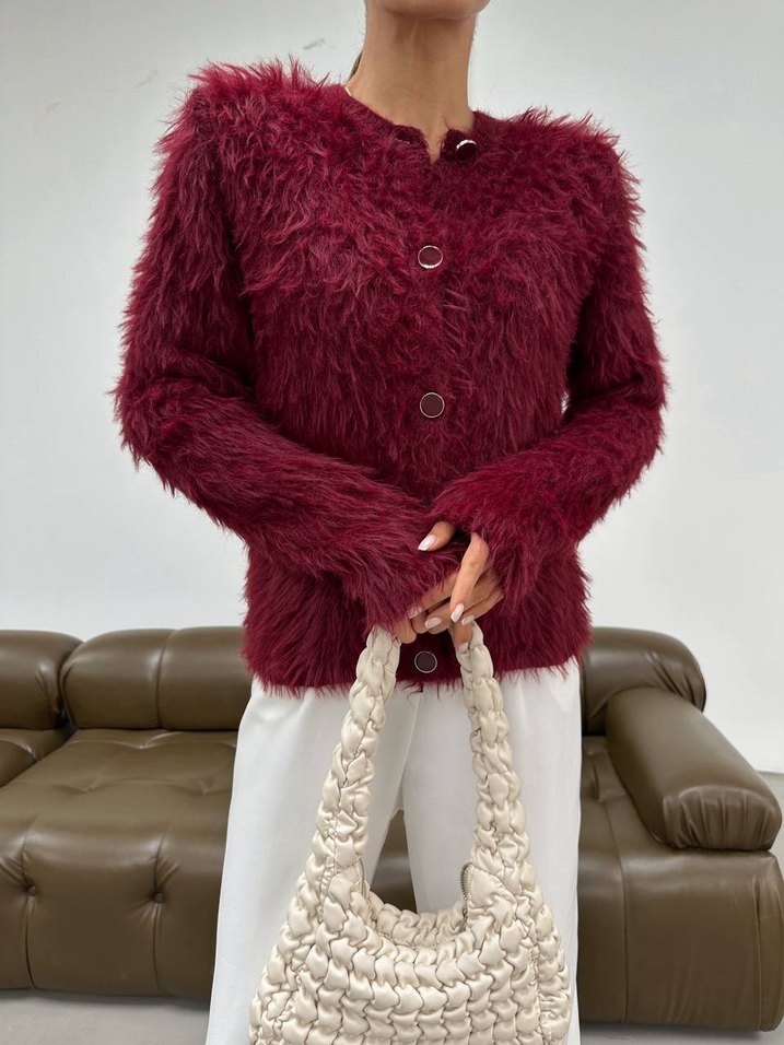 Bordo Tüylü Kadın Triko Kazak - Görsel 3