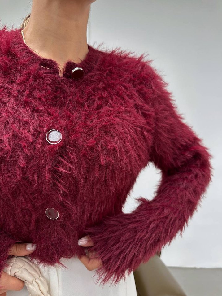 Bordo Tüylü Kadın Triko Kazak - Görsel 2