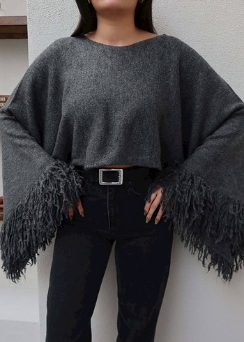 Gri Püsküllü Salaş Kadın Kazak - Görsel 3