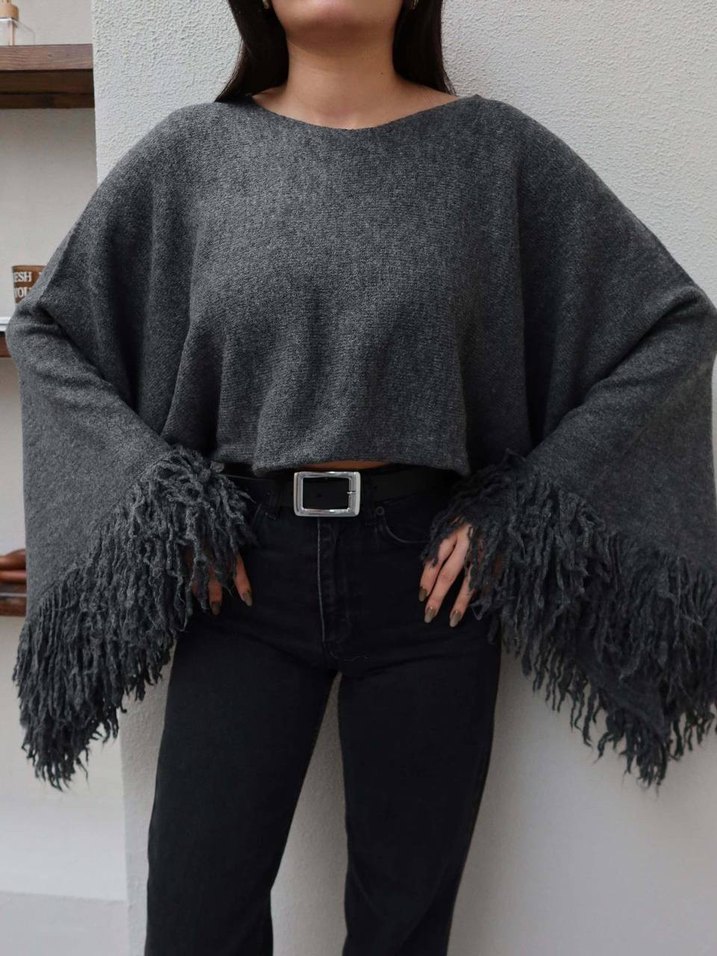 Gri Püsküllü Salaş Kadın Kazak - Görsel 3