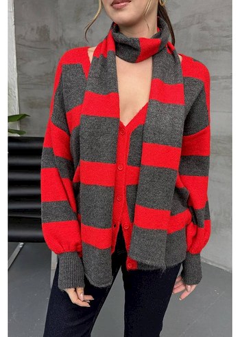 Gri Kırmızı Çizgili V Yaka Triko Kazak - Görsel 4