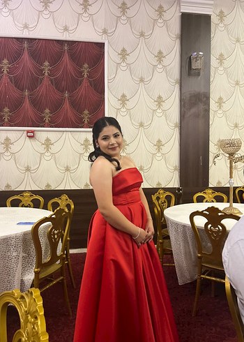 Kırmızı Drapeli Straplez Uzun Abiye Elbise Midi - Görsel 3