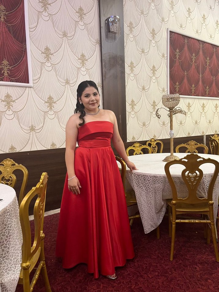 Kırmızı Drapeli Straplez Uzun Abiye Elbise Midi - Görsel 4