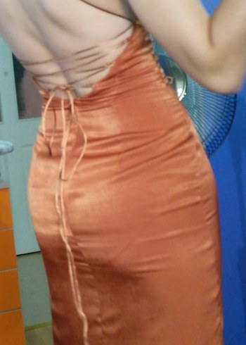 Uzun Kahverengi bakır saten Elbise 36 beden özel dikim - Görsel 6