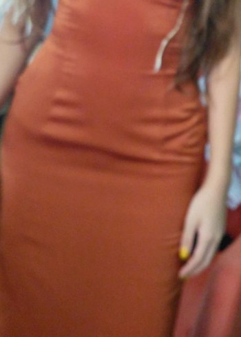 Uzun Kahverengi bakır saten Elbise 36 beden özel dikim - Görsel 5