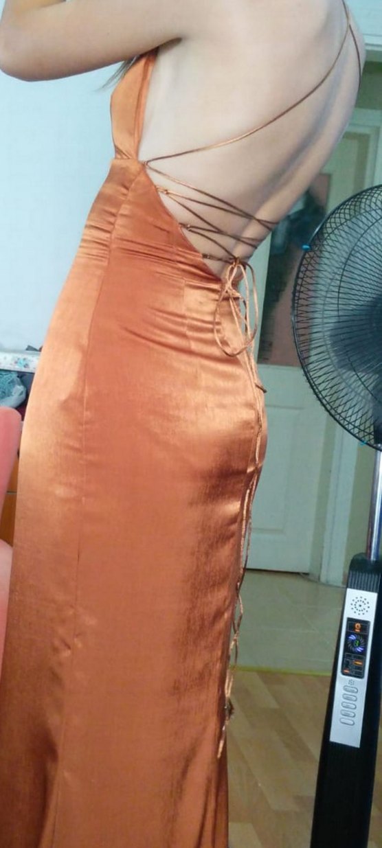 Uzun Kahverengi bakır saten Elbise 36 beden özel dikim - Görsel 4