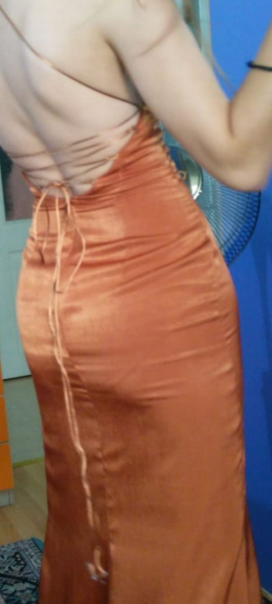 Uzun Kahverengi bakır saten Elbise 36 beden özel dikim - Görsel 3