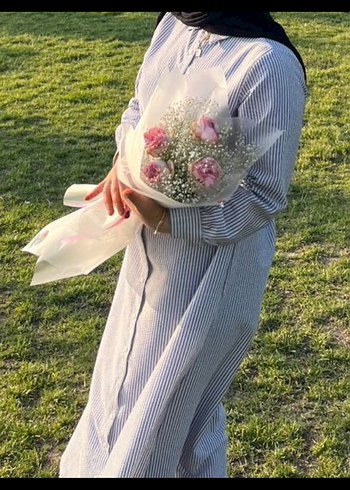 Beyaz Çizgili  Uzun Kollu Elbise - Görsel 2