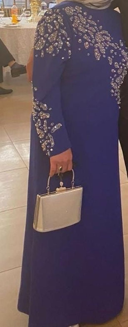 Koyu Mavi İşlemeli Boncuklu Uzun Abiye Elbise - Görsel 2