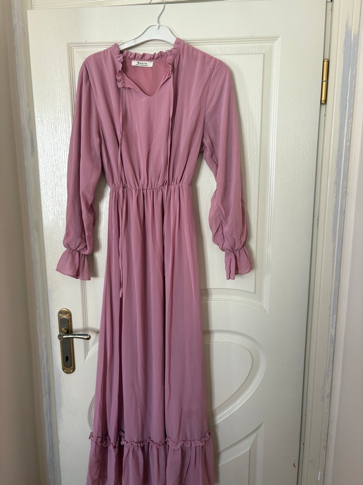 Pembe V Yakalı Fırfırlı Kadın elbisesi - Görsel 2