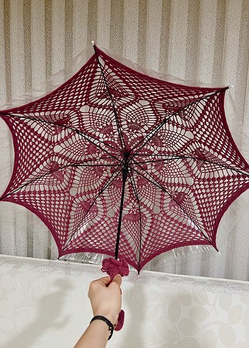 Bordo Dantel Detaylı Gotik Kadın Şemsiye - Görsel 6