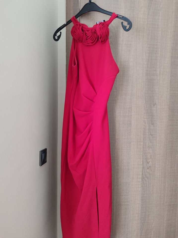 Pudra Pembe Volanlı Midi Straplez Elbise - Görsel 3