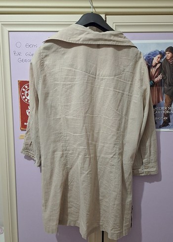 Bej Düğmeli Keten Midi Kadın Gömlek - Görsel 5