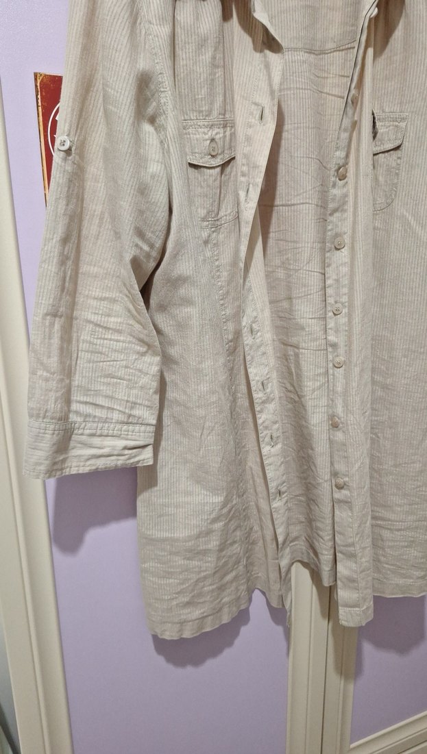 Bej Düğmeli Keten Midi Kadın Gömlek - Görsel 2