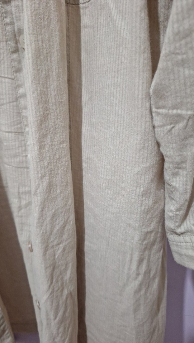 Bej Düğmeli Keten Midi Kadın Gömlek - Görsel 3