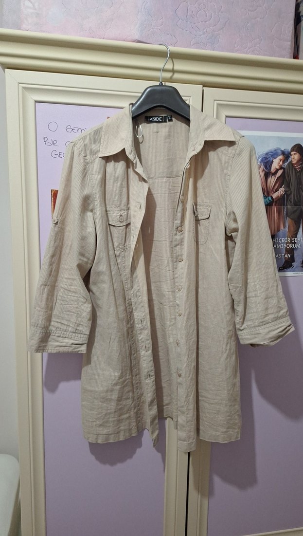 Bej Düğmeli Keten Midi Kadın Gömlek - Görsel 4