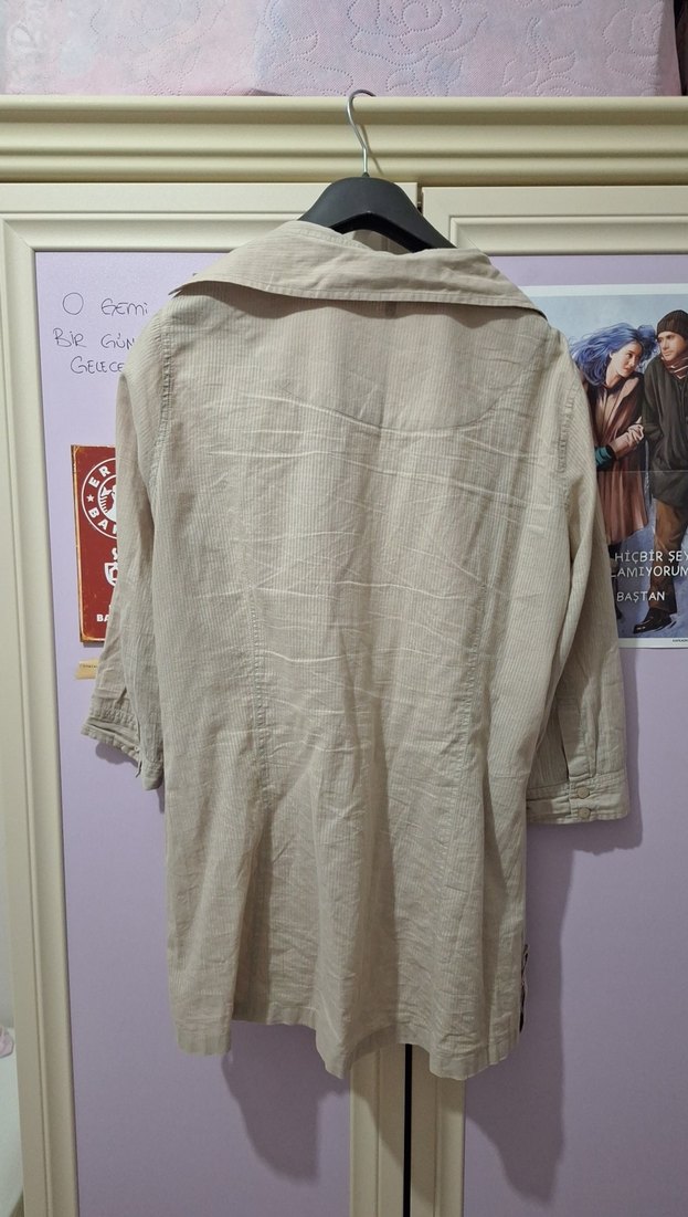 Bej Düğmeli Keten Midi Kadın Gömlek - Görsel 5