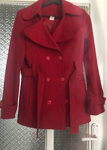 Kemerli Kırmızı Kadın Kaban - Görsel 2