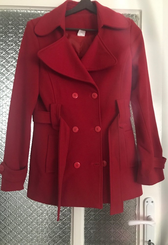 Kemerli Kırmızı Kadın Kaban - Görsel 2