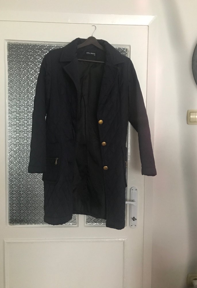 Düğmeli Lacivert Uzun Kadın Mont - Görsel 3